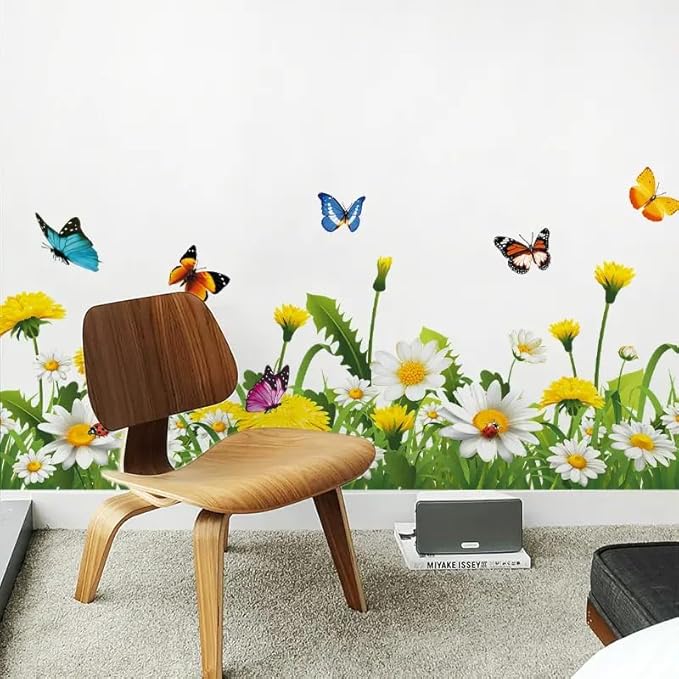 SICKER UNIVERSE 10x55 Inch Set - SunFlower Daisies Butterflies themed Floral Wall Decals for Decor, Self Adhesive Vinyl for Home Decor for Nursery, Home-Gift for Christmas, Birthday (Floral Design #4)