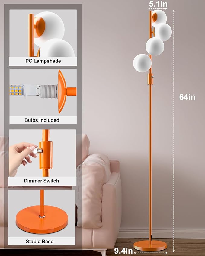 Lightdot 64IN Dimmable Globe Floor Lamp, Mid Century Modern Floor Lamp