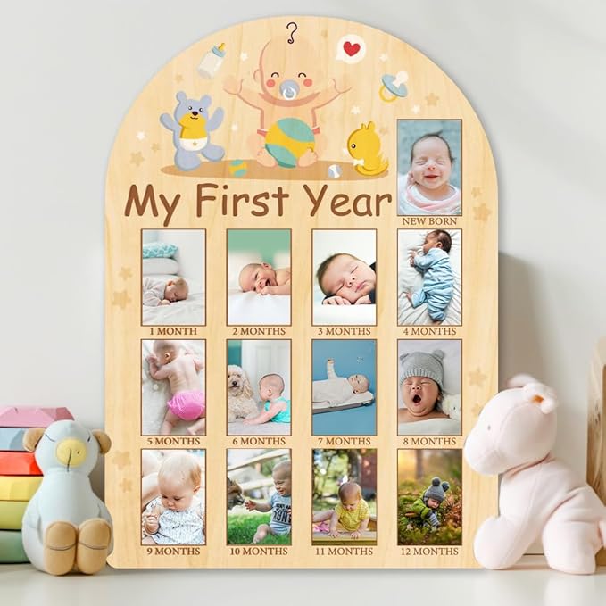 ORIGACH My First Year Baby Growth Photo Display Wood Board - 12 Months Newborn Milestones Photo Board - Neutral Baby Keepsake Frame 1st Birthday Party Nursery Decor New Mom Gift - Baby Bear & Duck