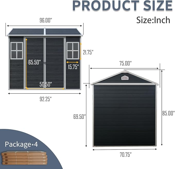 8x6 FT Outdoor Storage Shed, Resin Garden Shed with Thick Floor, Plastic Storage Shed with 2 Windows, Waterproof Outside Tool Shed with Lockable Hinged Doors for Backyard, Patio, Lawn, Black
