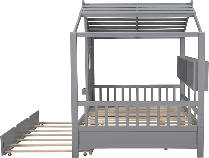 Harper & Bright Designs Full Size Modern House Bed with Roof, Wooden Twin Kids House Bed Frame with Trundle and Storage Shelf, Gray