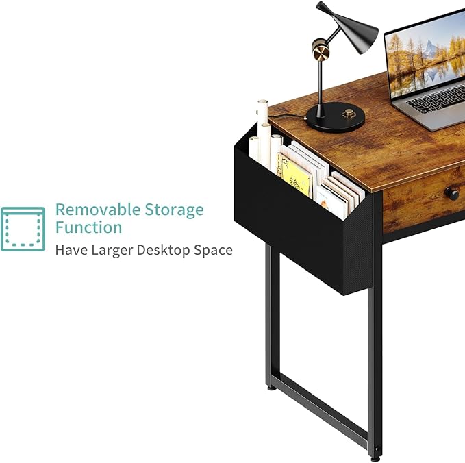 Lufeiya Small Computer Desk with 2 Drawers for Bedroom, 31 Inch Home Office Desk with Storage Fabric Drawer and Bag, Study Writing Table for Small Spaces, Rustic Brown