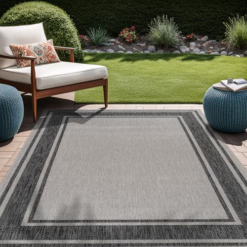 Outdoor Rug 8x10 Modern Bordered Area Rugs for Indoor and Outdoor Patio Deck Porch Garden Waterproof Weather Sun Resistant Washable Outside Carpet (80 Sq Ft)