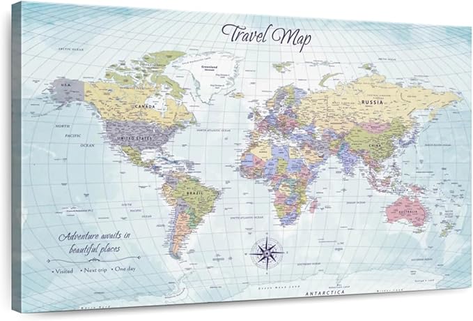 ElephantStock - Push Pin Travel Map World I Wall Art - Horizontal Canvas Wall Art - Living Room Wall Decor - Printmaking Map Canvas Art - Blue And Beige Decor - 48" x 32"