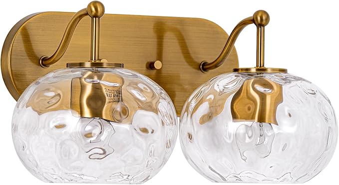 Brushed Gold Vanity Light Clear Hammered Glass Wall Sconce 2-Light Brass Wall