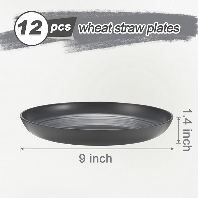 12 Pcs Unbreakable Deep Dinner Plates Set, 9 inch Reusable Plastic Wheat Straw Plates, Microwave and Dishwasher Safe Plate for Kitchen, Lightweight Plate for Dessert, BPA Free, Dark Gray