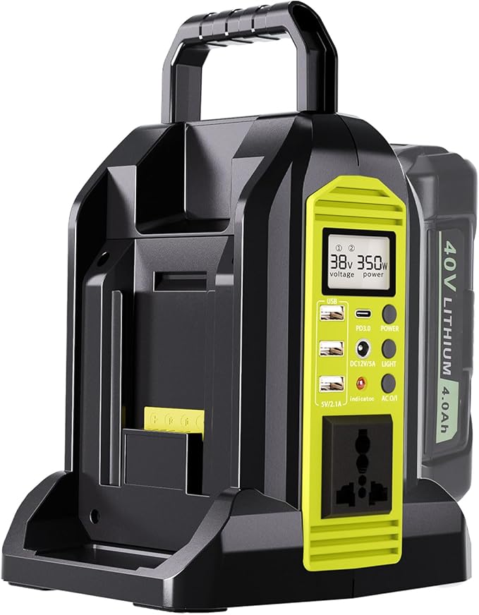Power Inverter for Ryobi 40V Battery, 350W 2-Port Battery Converter DC 40V to AC 120V, Portable Generators with LED Light, 6 Output Ports, LCD Display for RV Camping, Emergency, Power Outages