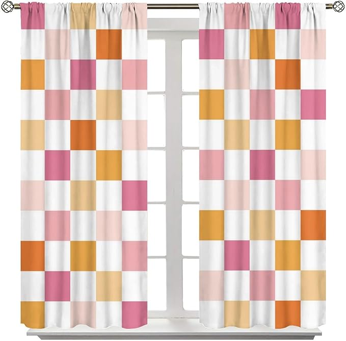 Pink Checkered Curtains,70s Vintage Twisted Checkered Window Drapes Colorful Groovy Trendy Wavy Hippie Grid Print Window Treatments for Kids Girls Bedroom Living Room 42" W X 45" L