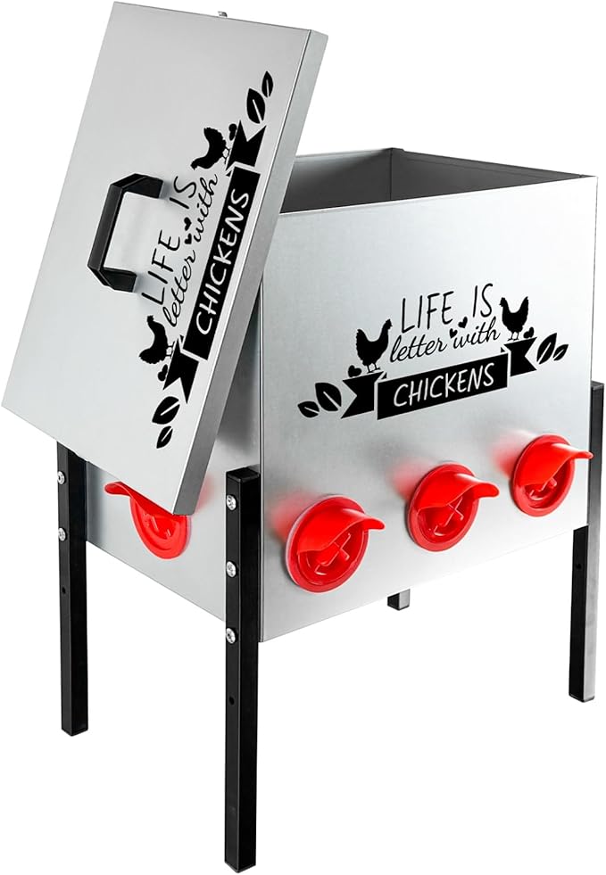 Automatic Chicken Feeder 50LB Large Capacity Poultry Feeders with 8 No Waste Feeding Ports Galvanized Metal Feeder Box with Adjustable Legs Locking Lid and Handles for Outdoor