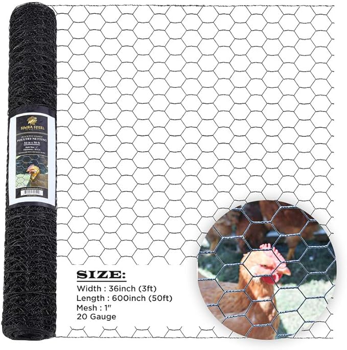36” x 50 FT PVC Hexagonal Poultry Netting Chicken Wire | 1" Mesh | 20 Gauge | Black PVC Vinyl Coated | Rust Proof | for Garden, Fence, Chicken, Rabbit, Pet Enclosures
