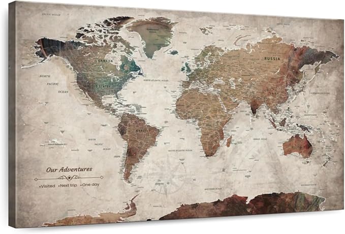 ElephantStock - Our Adventures World Map With Push Pin Iii Wall Art - Horizontal Canvas Wall Art - Living Room Wall Decor - Printmaking Map Canvas Art - Beige And Brown Decor - 51" x 34"
