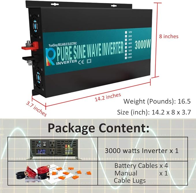 WZRELB 3000watt Pure Sine Wave Inverter 24V DC to 120V AC 60HZ with LED Display Car Inverter Generator (RBP300024B1)
