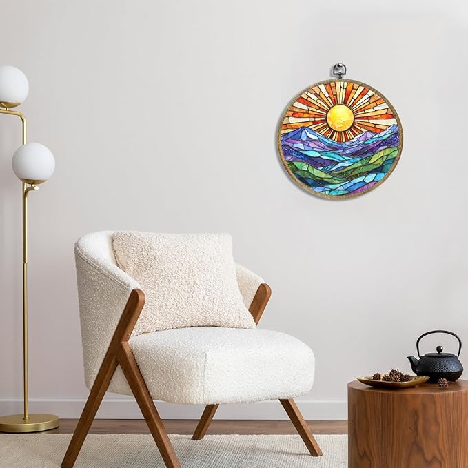 Colorful Mountain Sunset Bohemian Style Rainbow Sunrise Art Gift Framed Round Wall Decor Canvas Wall Art Hanging Prints Artwork for Home Nursery Bedroom Door Office Porch Decorations 10.2X10.2 Inch