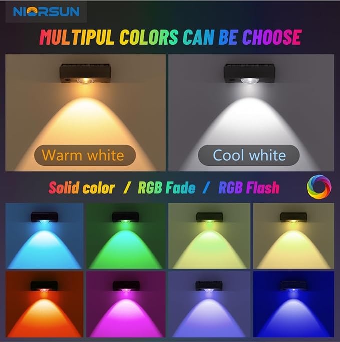 NIORSUN Solar Fence Lights Outdoor Waterproof, Warm & Cool White RGB，8 Pack LED