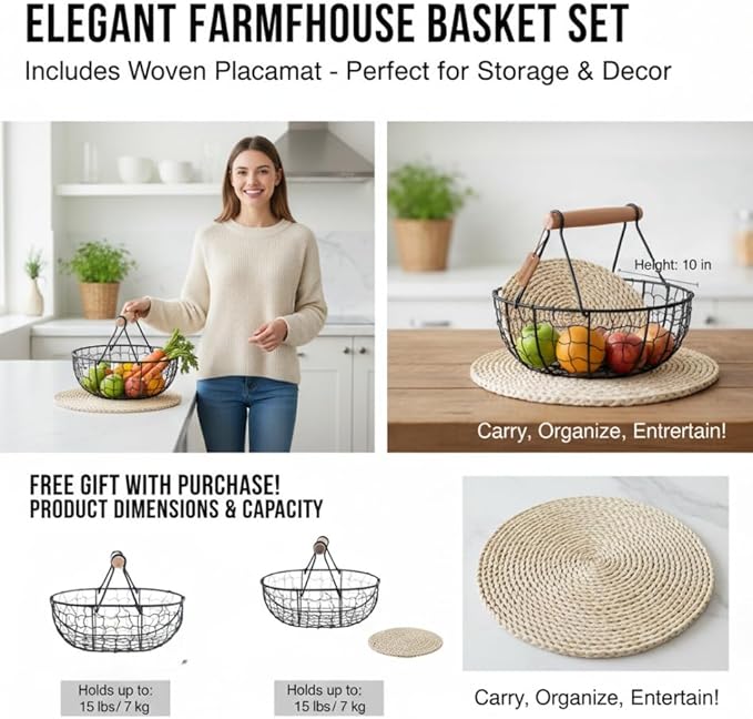 Kitchen Decor Chicken Egg Basket: Egg Basket for Gathering Fresh Eggs, Farmhouse Small Vintage Style Wire Fruit Bread Fresh Egg Holder Countertop, Egg Collecting Basket (Coffee)