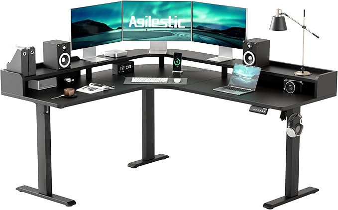 Agilestic L Shaped Standing Desk, Corner Desk with Monitor Shelf, Adjustable Height Gaming Table, Sit Stand Up Table, 63 x 55 Inch Home Office Computer Workstation, Splice Board, Black