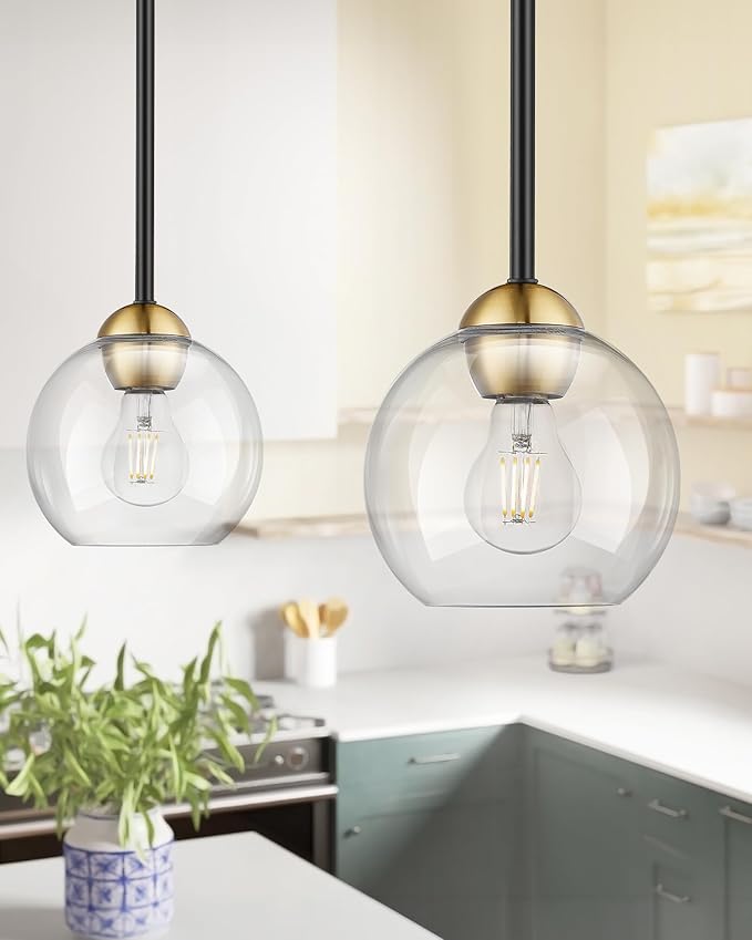 Emak 2 Pack Black and Gold Pendant Light Fixtures, Modern 7 Inch Globe Pendant