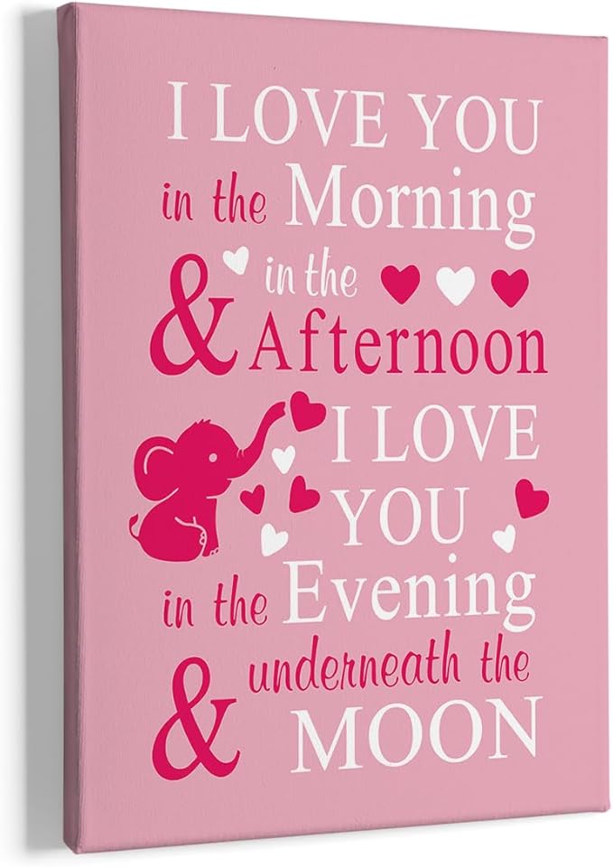 HIWX Baby Elephant Nursery Decor, I Love You In The Morning Sign Framed Canvas Painting Wall Art Decor, Elephant Nursery Baby Wall Art Home Decoration For Room Bedroom 11x14 (Pink)