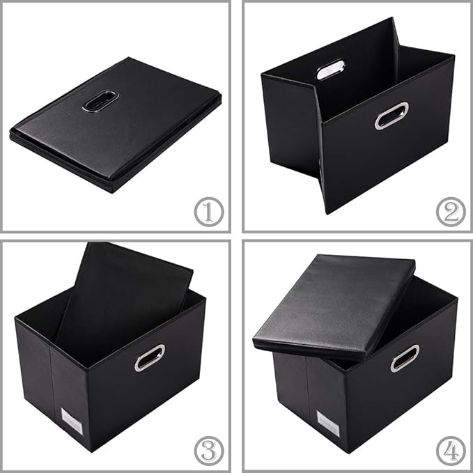 PRANDOM Large Foldable Storage Bins with Lids [3-Pack] Leather Fabric Collapsible Storage Boxes Organizer Containers Baskets Cube with Cover for Home Bedroom Closet Office Black(17.7x11.8x11.8)