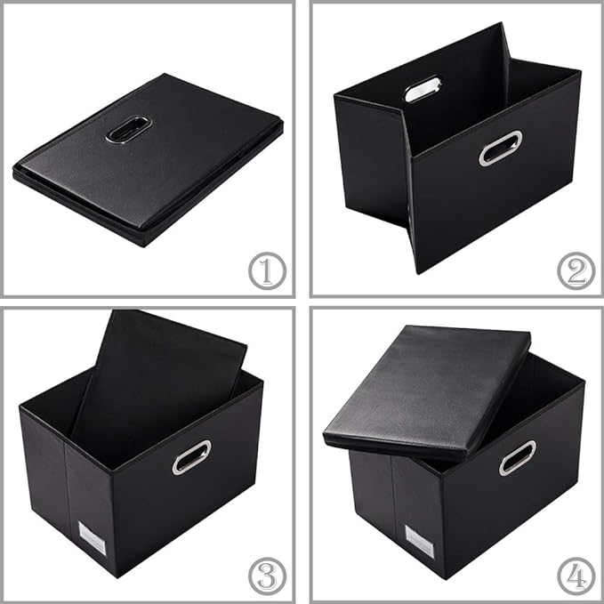 PRANDOM Foldable Storage Bins with Lids [5-Pack] Leather Fabric Collapsible Storage Boxes Organizer Containers Baskets Cube with Cover for Bedroom Closet Office Nursery Black (14.9x10.8x10)
