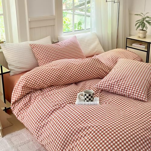 Gingham Comforter Set King Vintage Plaid Checkered Pattern Comforter Lightweight Soft Gingham Bedding Red Orange Grid Comforter with 2 Pillowcases Farmhouse Checkered Comforter Set