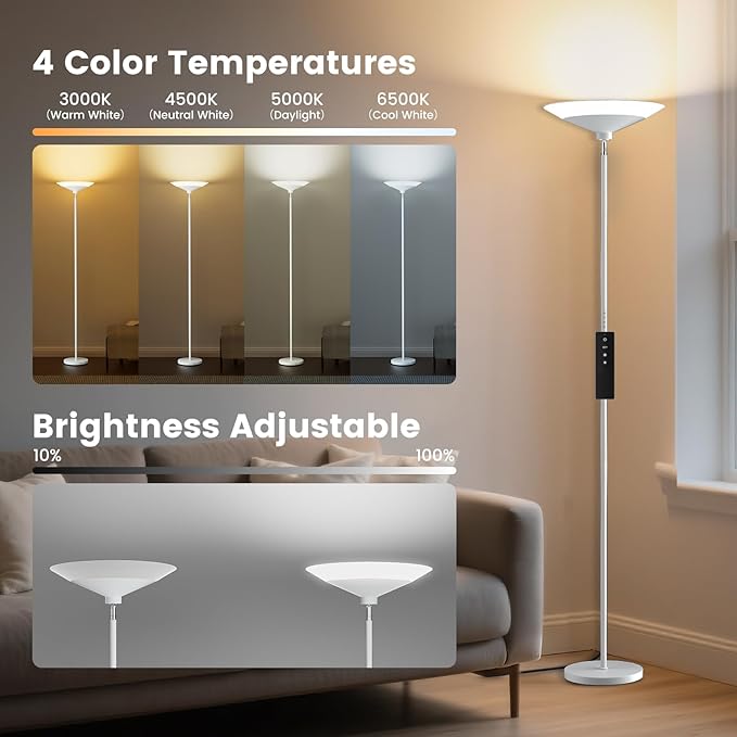 White Torchiere Floor Lamp - 30W Dimmable LED Standing Lamp