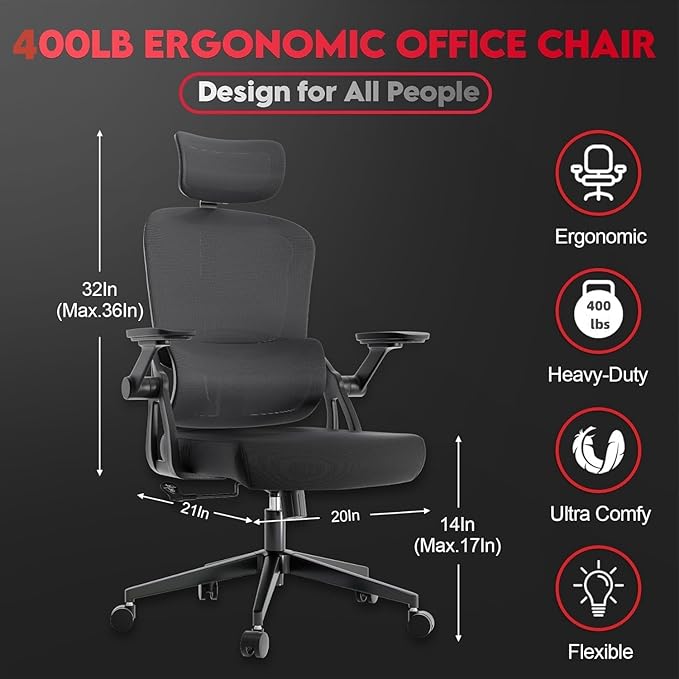 Big and Tall Ergonomic Office Chair - 400LB Comfy Desk Chairs with Headrest and Lumbar Back Support, Heavy Duty Mesh Computer Chair with Wheels and Arms for Home Office, Bedroom, Study Room