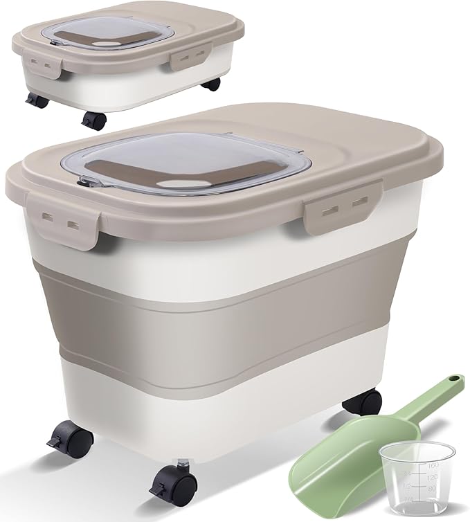 Collapsible Dog Food Storage Container, Airtight 30 35 Lbs Rice Cereal Flour Sugar Kitchen Accessories Bin Bucket, 20 25 Lbs Dog Cat Pet Holder Gift Travel Essentials Must Haves Gear Stuff Necessities