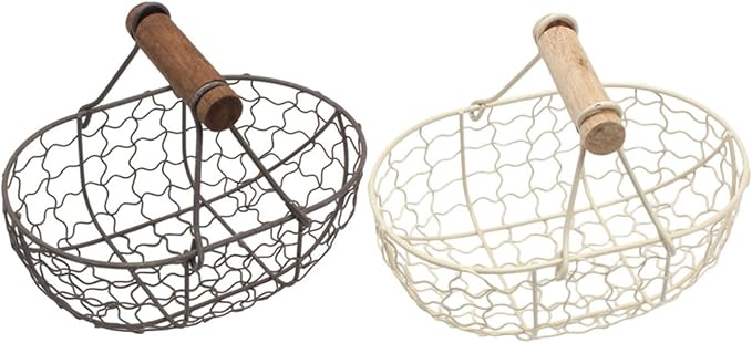 2pcs Wire Egg and Bread Basket with Wooden Handle, Farmhouse Style Multi-function Fruit Storage Container for Kitchen Countertop and Pantry Organization