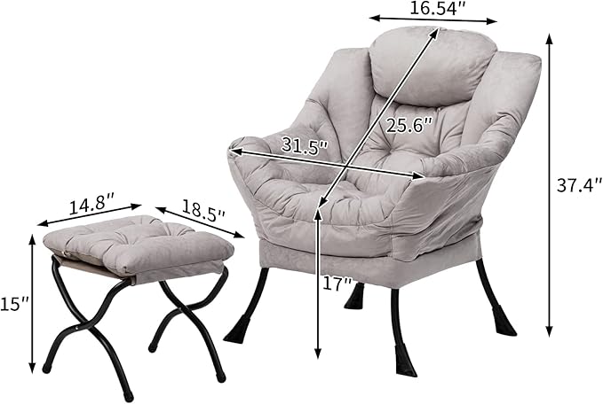 HollyHOME Fabric Lazy Chair with Foldable Ottoman, Accent Comfy Lounge Arm Chair and Folding Footrest Stool Set, Leisure Sofa Reading Chair and Footstool for Living Room, Bedroom, Dorm, Grey