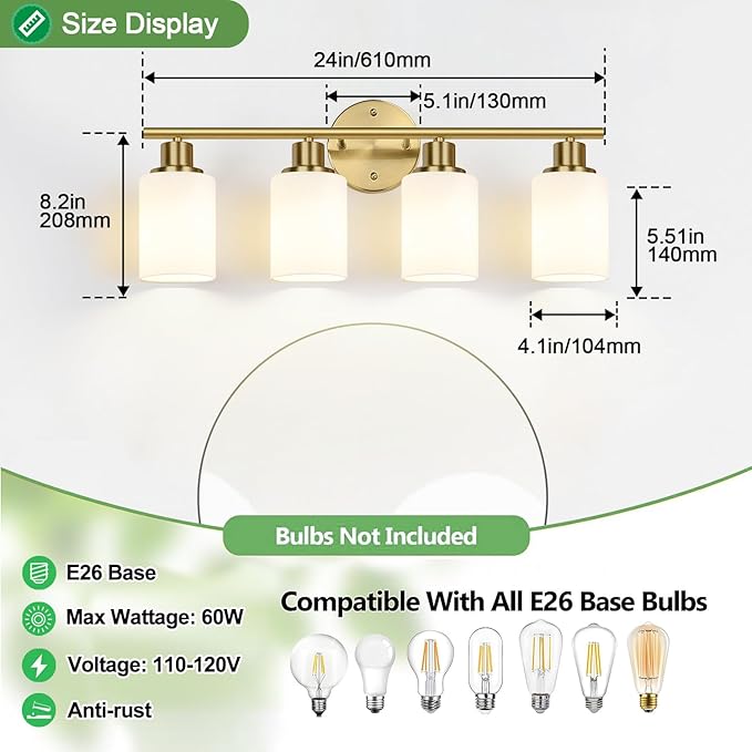 4-Light Bathroom Light Fixtures, Brushed Gold Modern Vanity Lights