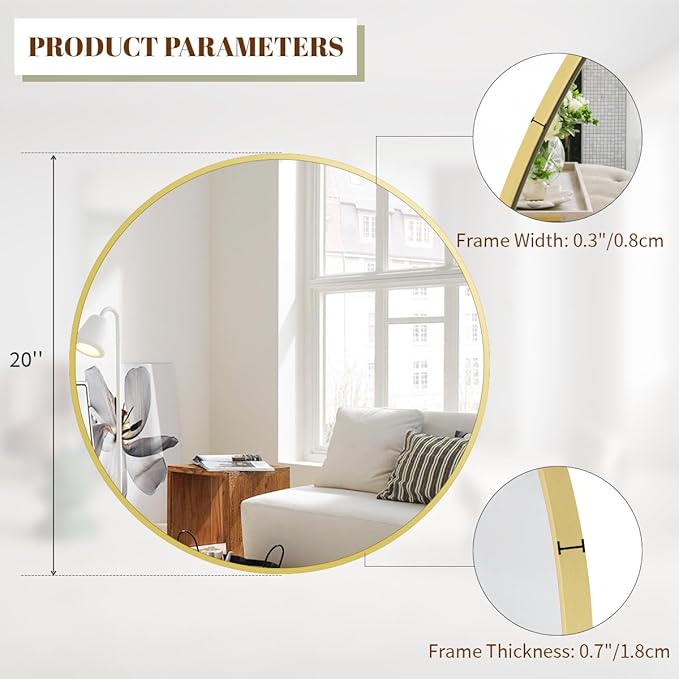 BEAUTYPEAK 20 Inch Round Mirror, Metal Frame Circle Mirror, Wall Mounted for Entryway, Bathroom, Vanity, Living Room, Gold