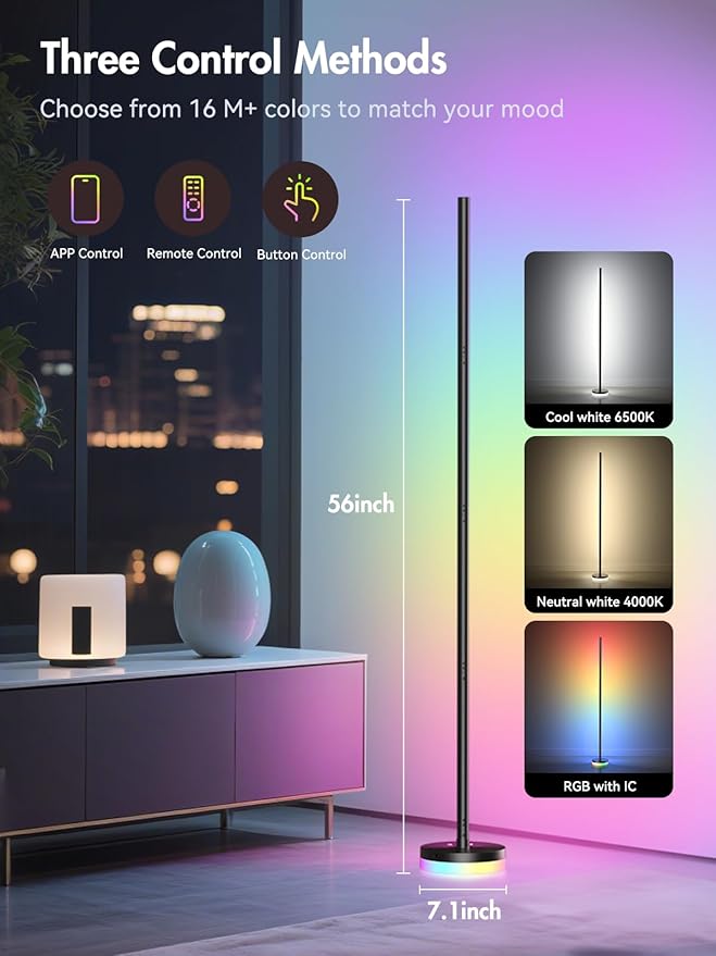 Corner Floor Lamp 2 Pack, RGBICW LED Corner Lamp