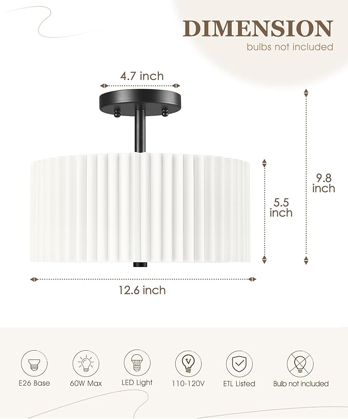 Semi Flush Mount Ceiling Light, 3-Light 12.5" Matte Black Ceiling Light Fixture