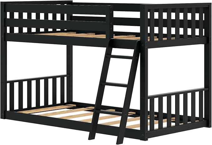 Max & Lily Low Bunk Bed, Scandinavian Modern Bunk Bed, Solid Wood Twin-Over-Twin Bed Frame for Kids, No Box Spring Needed, Black