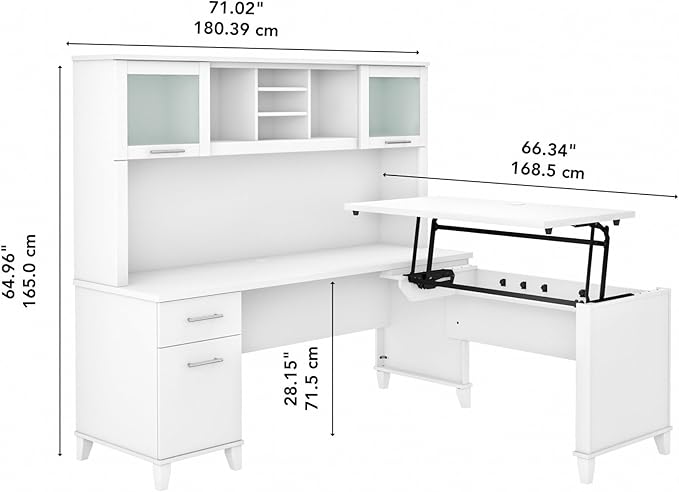 Bush Furniture Somerset 72W 3 Position Sit to Stand L Shaped Desk with Hutch in White