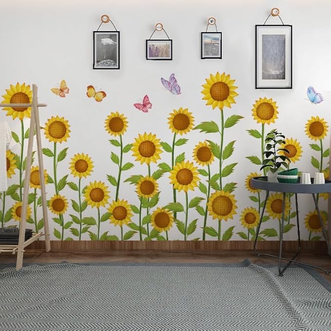 12x36 Inch Set - Sunflower Themed Floral Wall Decals for Decor, Self Adhesive Vinyl for Home Decor for Nursery, Home- Gift for Christmas, Thanksgiving (Floral Design #2)