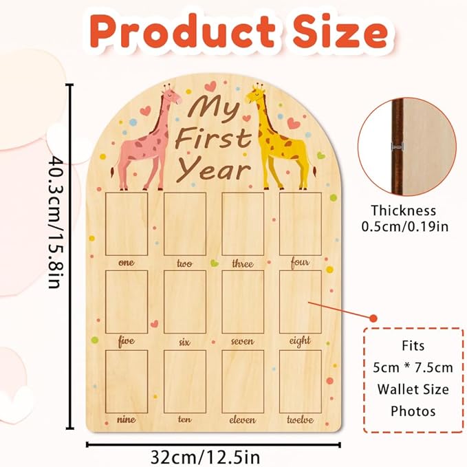 ORIGACH My First Year Baby Growth Photo Display Wood Board - 12 Months Newborn Milestones Photo Board - Neutral Baby Keepsake Frame 1st Birthday Party Nursery Decor New Mom Gift - Giraffe