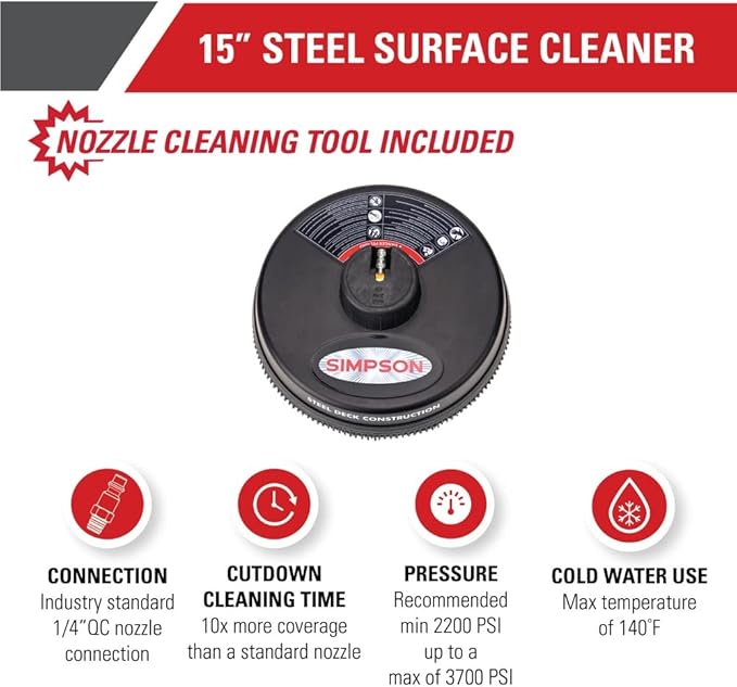 Simpson Cleaning 80165 Universal 15" Steel Pressure Washer Surface Cleaner for Cold Water Machines, 1/4" Quick Connection, Recommended Min 2200 PSI up to Max of 3700 PSI, Black