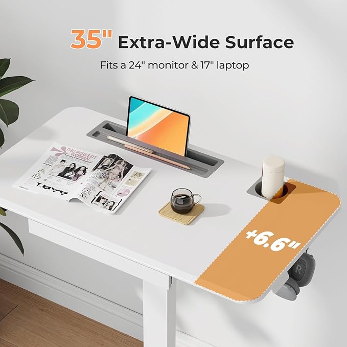 Mobile Standing Desk with Drawer, 35" Small Standing Desk with Cup Holder, Rolling Laptop Desk on Wheels, Height Adjustable Desk with Storage for Home Office, White