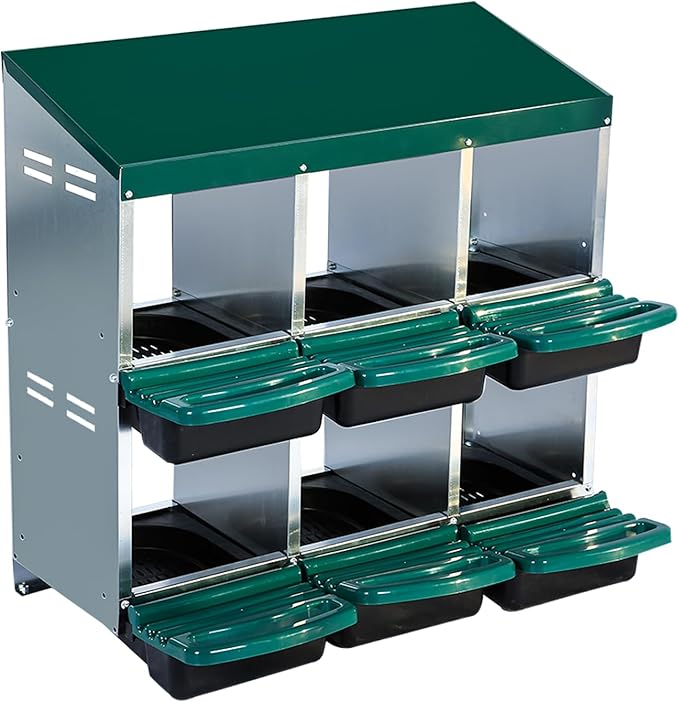 GarveeHome 2-Tier Chicken Nesting Box, 6 Compartment Metal Chicken Laying Boxes with Waterproof Roof ＆ Removable Trays for Hens, Poultry，Easy Egg Collection