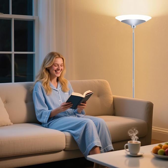 Silver Torchiere Floor Lamp - 30W Dimmable LED Standing Lamp