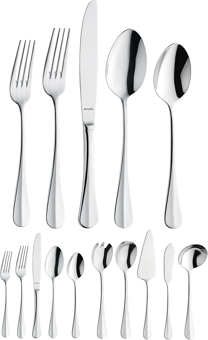 Amefa 45-Piece Silverware Flatware Cutlery Set Service for 8, Durable 18/10 Stainless Steel High Gloss Mirror Finish, tableware in Ergonomic Design Size and Weight, Dishwasher Safe (Baguette)