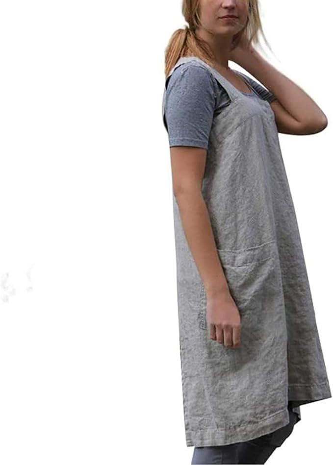Women's Pinafore Apron Cross Back Apron with Pockets Cotton Linen Apron Dress Plus Size