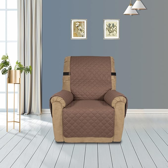 PureFit Reversible Sofa Cover Water Resistant Recliner Couch Cover, Machine Washable Furniture Cover with Adjustable Strap for Dogs, Pets (Recliner, Brown/Beige)