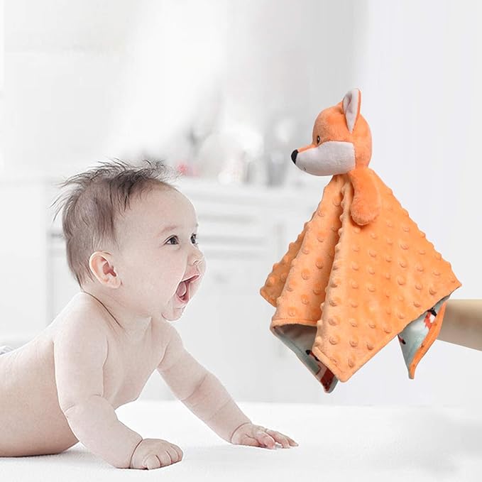 BORITAR Christmas Fox Baby Security Blanket Soft Minky Dot Fabric Lovey Blanket with Cute Woodland Pattern Backing Stuffed Plush Cuddle for Newborn Infant Gifts Orange 14 Inch