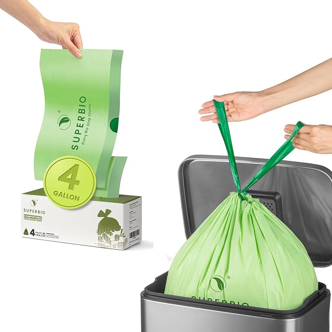 SUPERBIO 4 Gallon Compostable Drawstring Food Scrap Bags,15.1 Liter, 40 Count, 0.9 Mil,Heavy Duty Waste Bags, BPI, Seedling and OK compost INDUSTRIAL