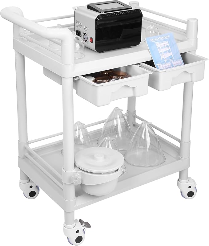 Beauty Trolley Cart with Wheels, Esthetician Cart with Handrail, Bucket and 2 Big Drawer, 2 Tier Heavy Duty Vacuum Therapy Machine Trolley, Load 330lbs, 360° Rotate Silent Wheels