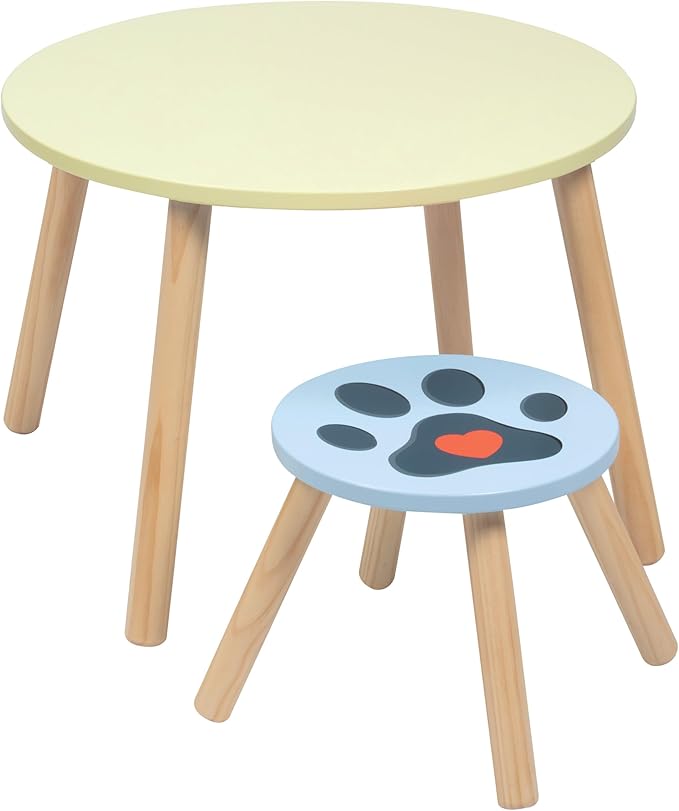 Kids Wooden Animal Table & Chair Set w 4 Seats- Puppy Kitten Bunny Plus Adult Stool for Arts Crafts Activity, Dining, Pretend Play- Playroom Furniture for Home, Daycare Classroom- Toddler Xmas Gift