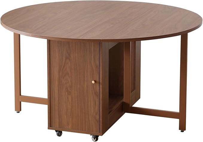 47.3" Round Folding Dining Table for 4-8, Wood Kitchen Foldable Table Large Drop Leaf Dinner Table with Storage Shelf Metal Legs for Home Dining Room Living Room in Walnut